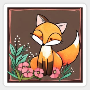 Cute Folk Art Fox With Flowers Sticker